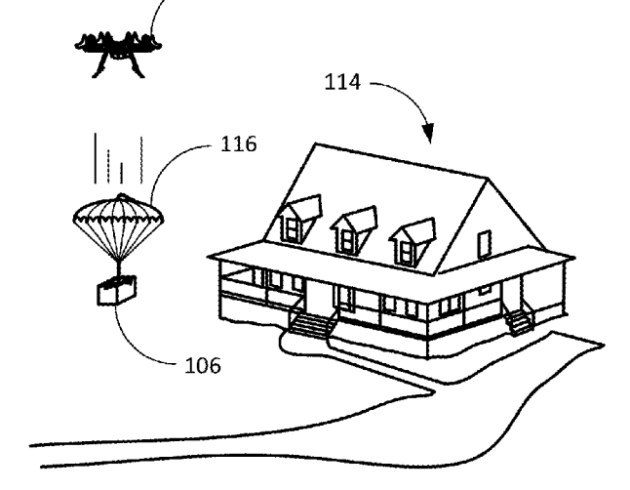AMAZON PATENTS SHIPPING LABEL WITH BUILT-IN PARACHUTE FOR DROPPING PACKAGES FROM DRONES